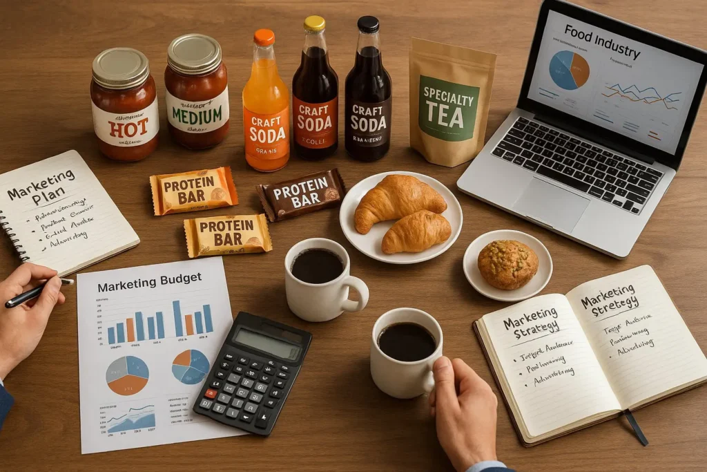 Food brand marketing budget planning with products and financial analysis